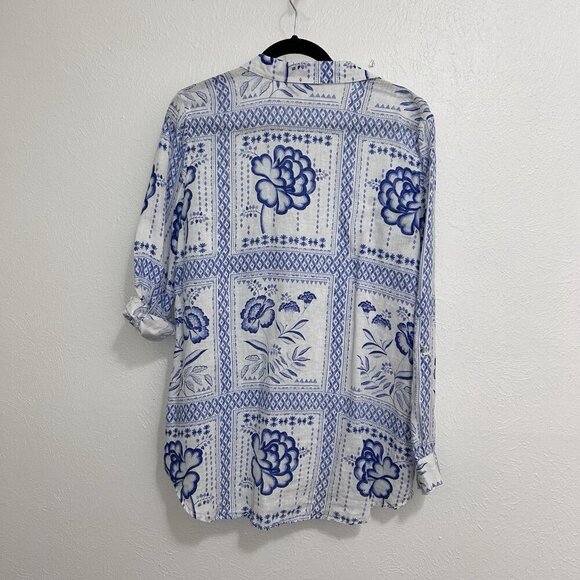 H by Halston 100% Linen Tunic Shirt Blouse Bright White Blue Artsy Floral Sz L - Picture 9 of 11